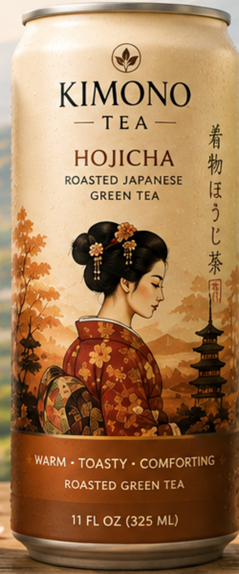 A chilled can of Kimono Tea Hojicha in autumn light beside a bowl of roasted tea leaves and a cup of amber tea