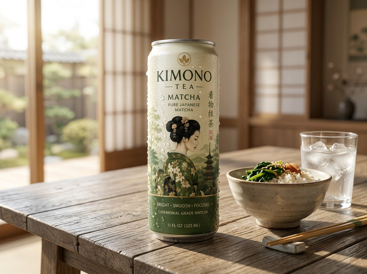 A chilled can of Kimono Tea beside a lunch bowl and a glass of ice on a sunlit table