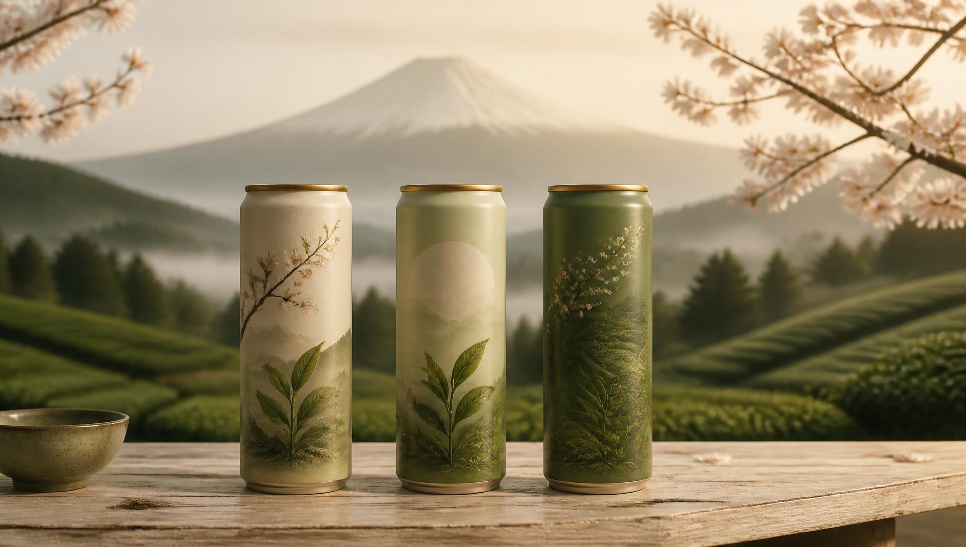 Three cans of Kimono Tea on a wooden table before misty Japanese tea fields and a distant mountain