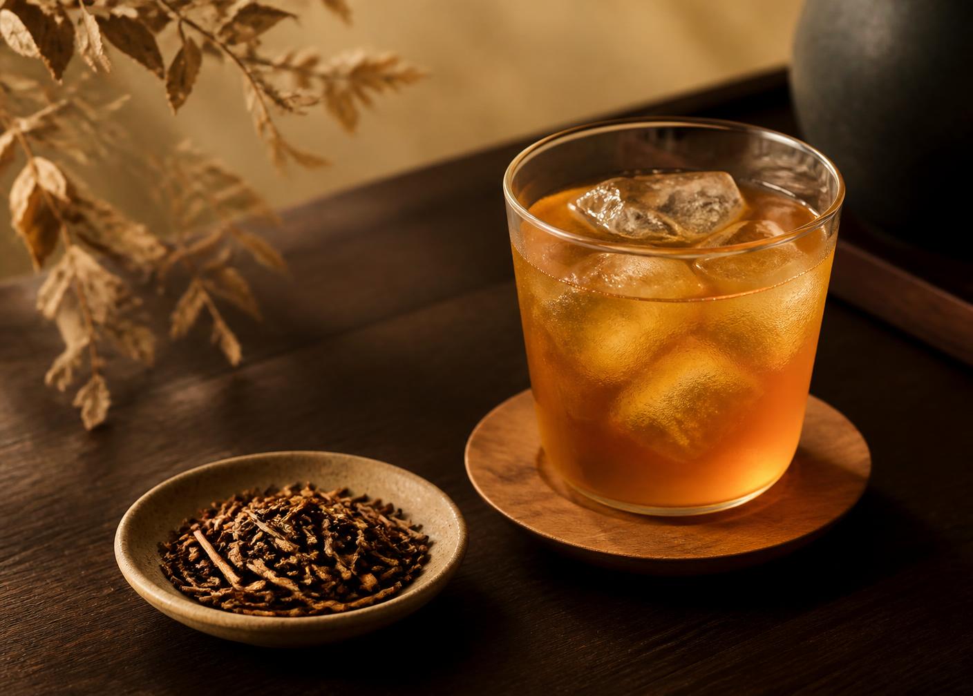 Glass of amber roasted hojicha tea over ice beside a dish of roasted tea twigs