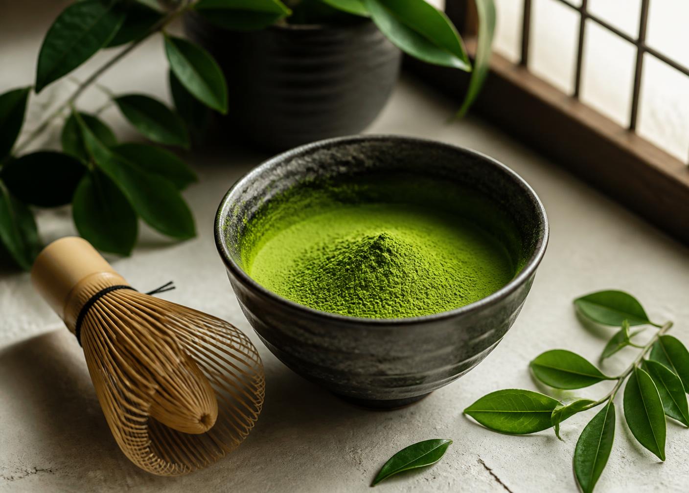 Vivid green matcha powder in a dark ceramic bowl beside a bamboo whisk
