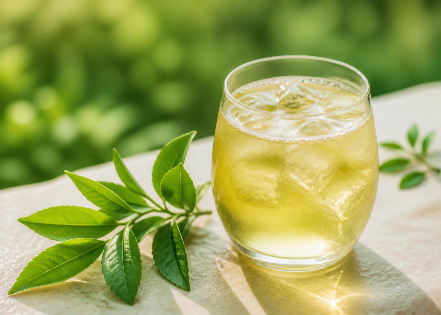 Glass of pale golden-green iced sencha beside fresh green tea leaves