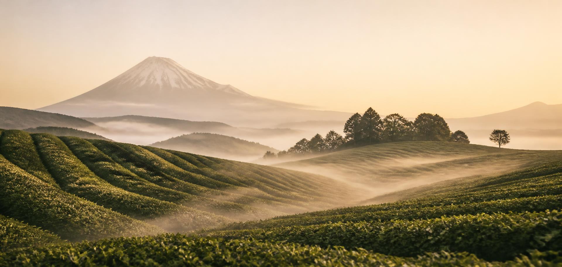Japanese tea fields in neat rows at dawn beneath a distant mountain