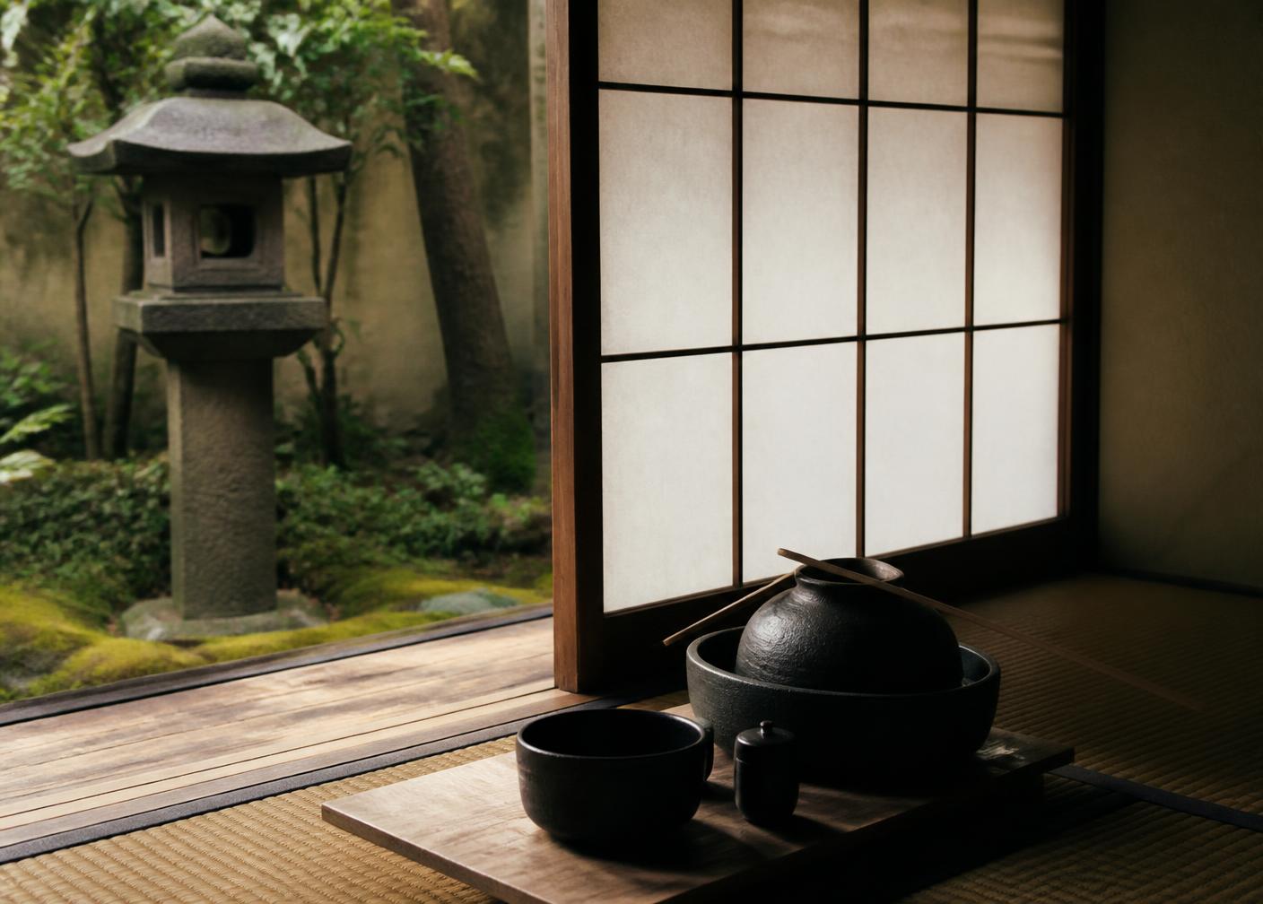 Traditional Japanese tea house interior with shoji screens and ceramic tea utensils